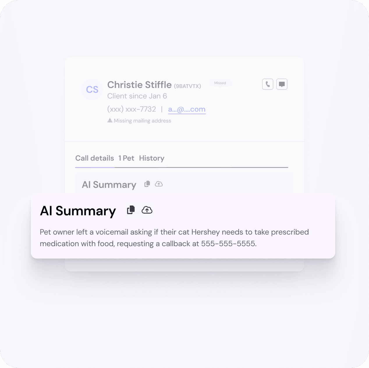 Mockup of call details for a specific client with voicemail recording