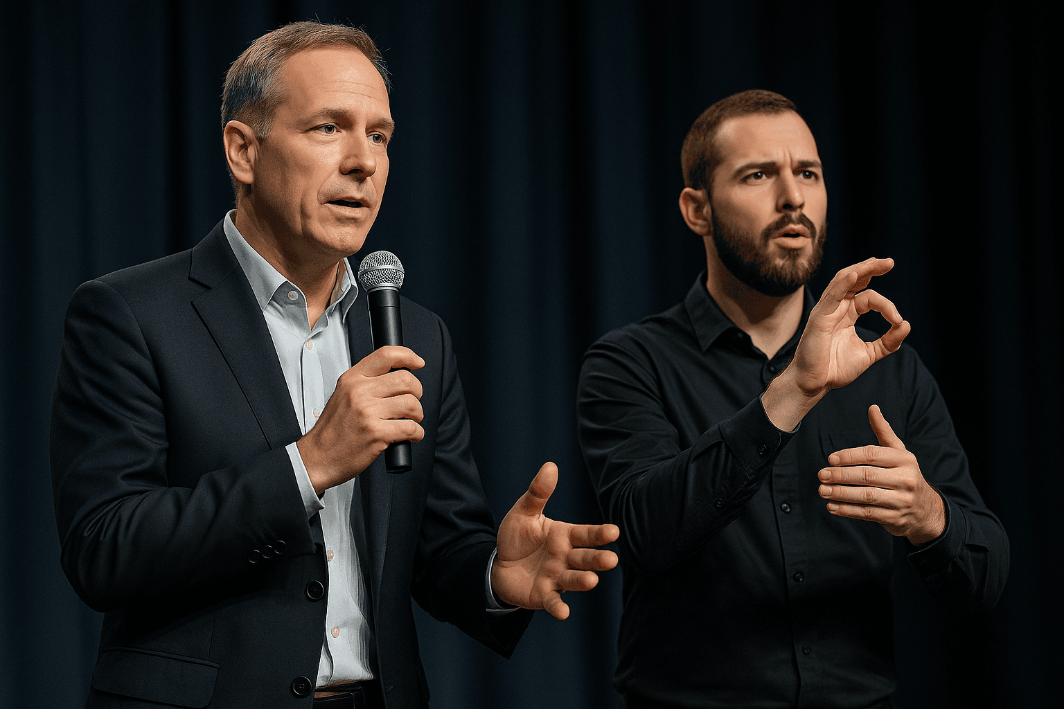 Ein Mann in einem dunklen Anzug und hellblauem Hemd hält ein Mikrofon in der linken Hand und gestikuliert mit der rechten, während er spricht. Neben ihm steht ein Mann mit Bart und dunklem Hemd, der eine Gebärdensprache verwendet, mit ausdrucksvoller Mimik und Handbewegungen. Beide sind vor einem dunklen, plissierten Hintergrund zu sehen.