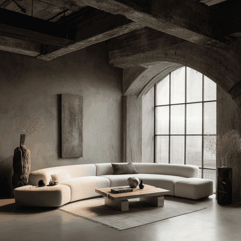 A minimalist living room with a curved, white sectional sofa, a wooden coffee table, and textured walls. Soft natural light streams through a large, arched window, creating a serene ambiance.