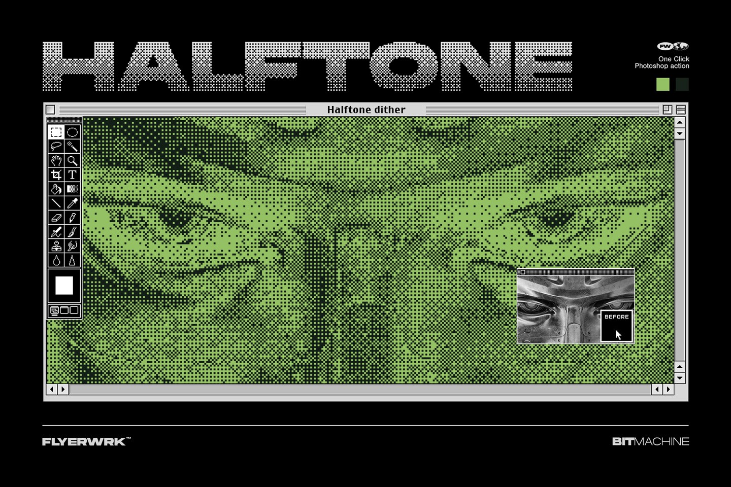 Vibrant green halftone dither effect applied to a robotic eye graphic using Bit Machine action