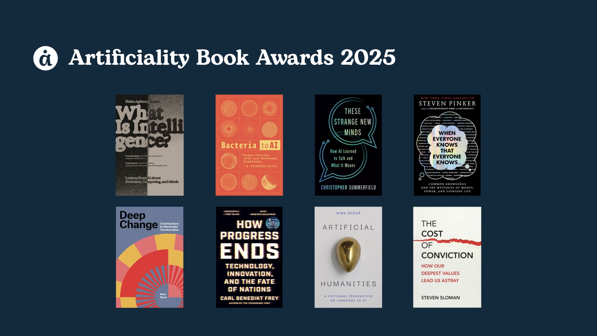 Image with the book covers of the eight books that were awarded the Artificiality Book Award in 2025