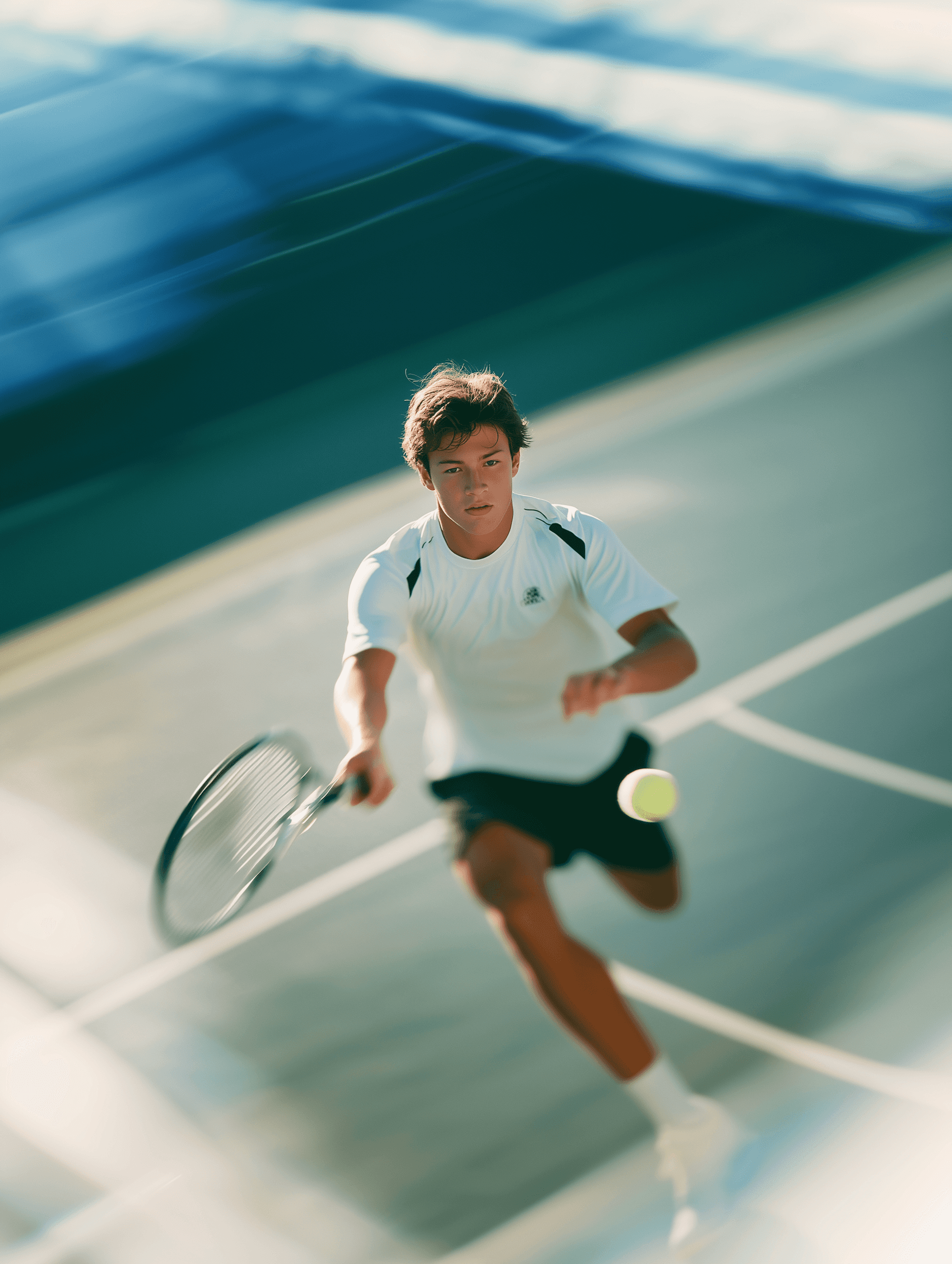 Young male tennis player mid-swing on an outdoor court, aerial view with motion blur on racket and ball