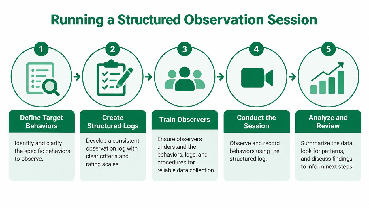 A five-step infographic showing the process for conducting a structured observation session for data collection.