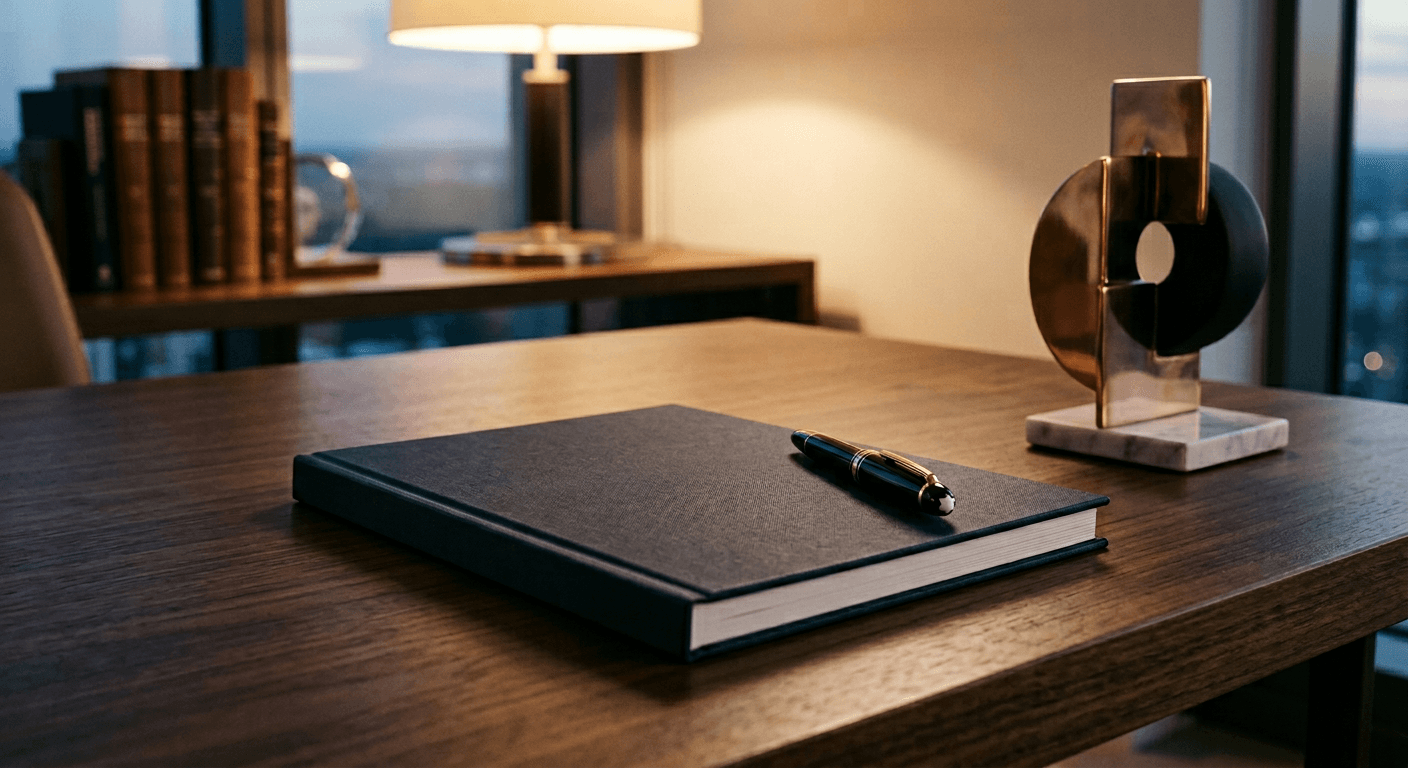 Rapport financier et œuvre d'art sculptée côte à côte sur un bureau en bois sombre, illustrant la dimension fiscale et stratégique de l'acquisition d'art en entreprise.