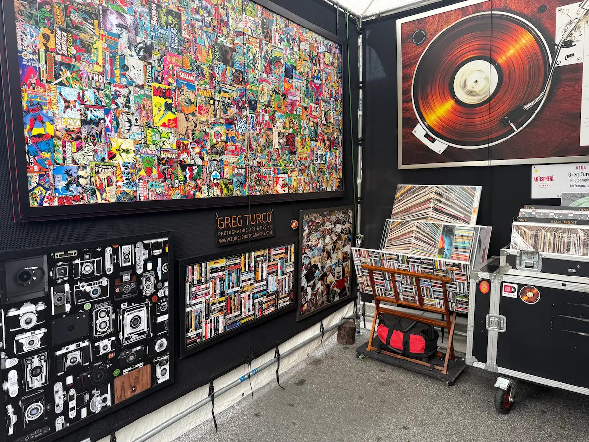 Pop culture-inspired artwork displayed at Artisphere in downtown Greenville, featuring comic book collages, vinyl record imagery, vintage cameras, and music-themed designs.