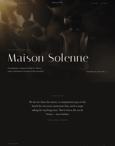 Perfume brand website built with AI showing a dark cinematic hero with a glass bottle and a centred manifesto