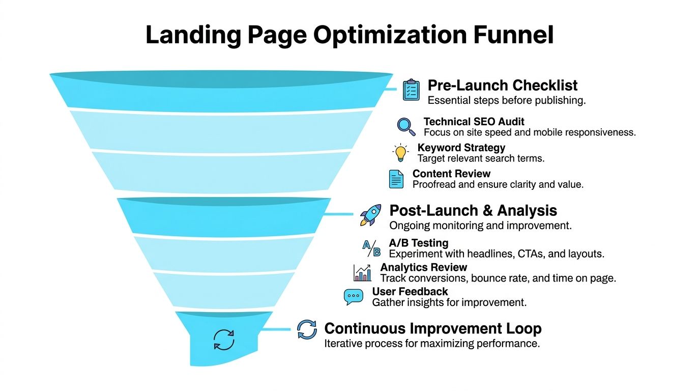 A visual diagram of a landing page optimization funnel, highlighting pre-launch, post-launch, and continuous improvement steps.