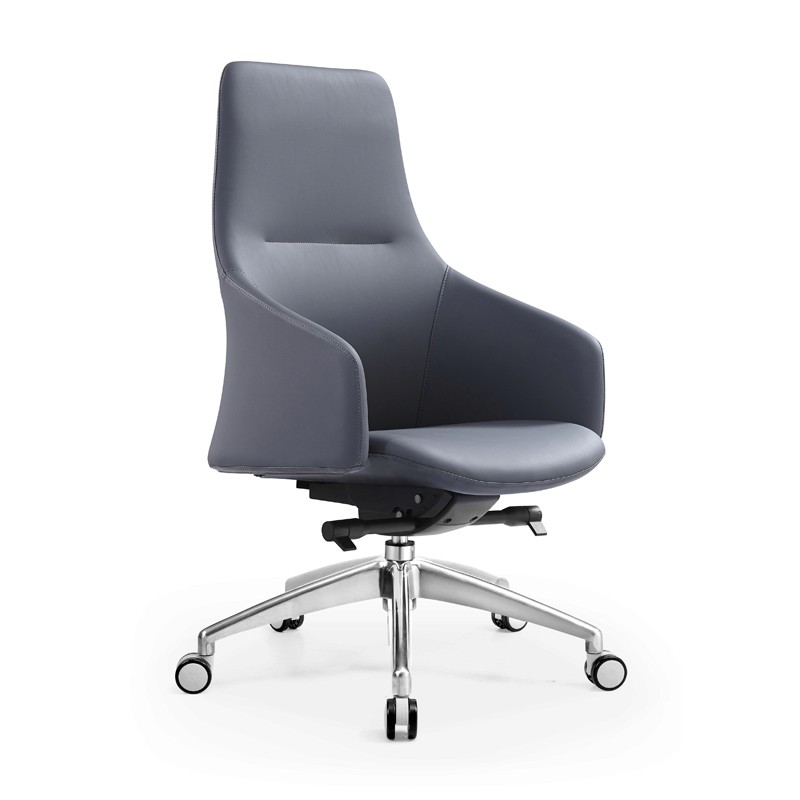 Modern mid-back ergonomic staff chair in charcoal gray Genuine Leather with a polished chrome swivel base and rolling casters, isolated on white.