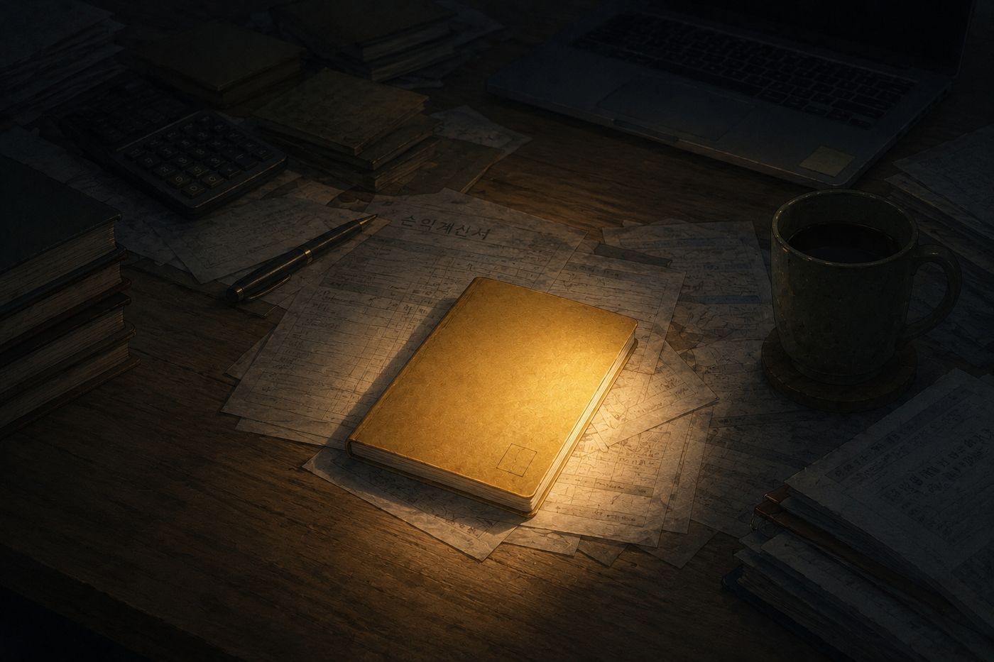 어두운 책상 위, 서류 사이에서 홀로 빛나는 한 권의 노트