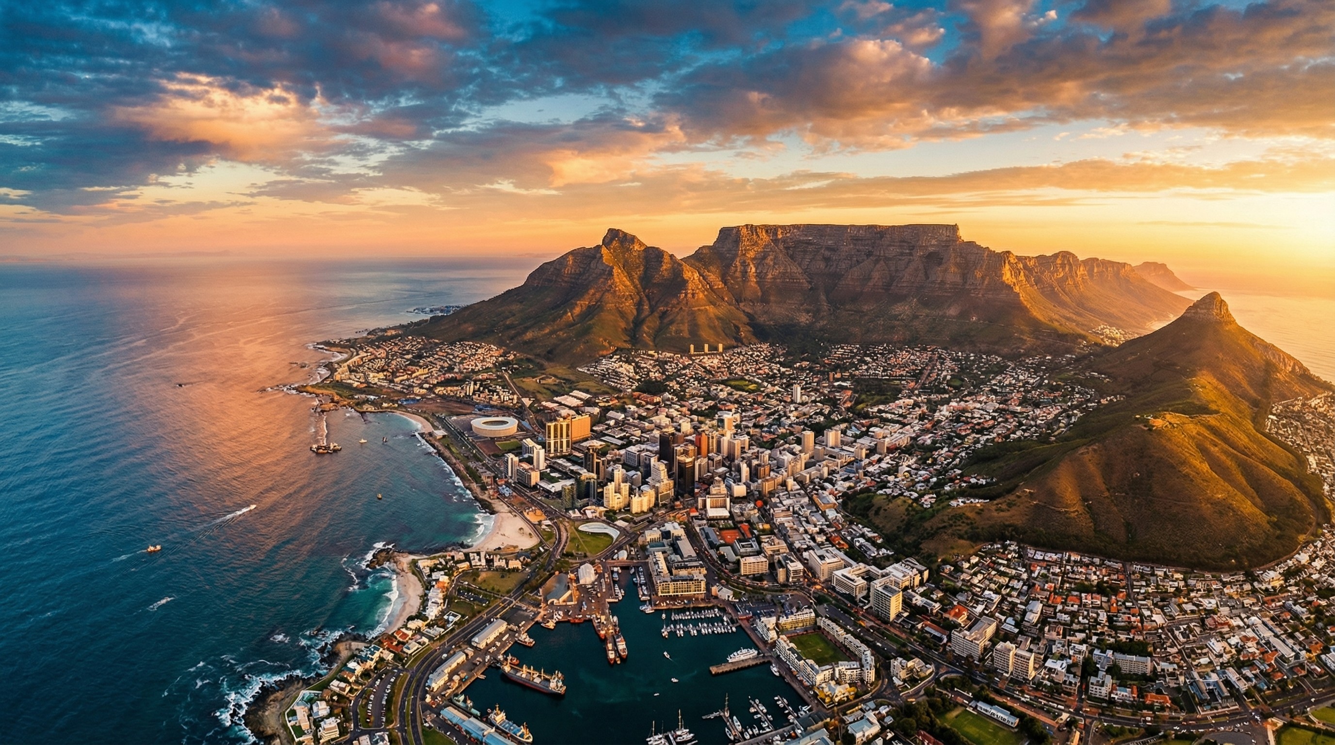 Aerial view of Table Mountain overlooking Cape Town city and the Atlantic Ocean at golden hour