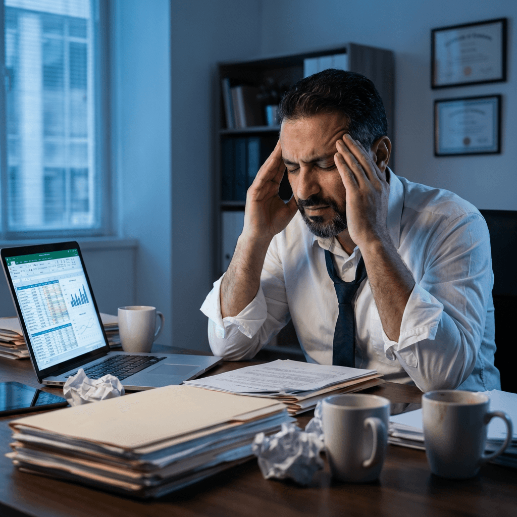 An overwhelmed Muslim business owner struggling to manage complex digital marketing tasks and SEO spreadsheets alone, highlighting the need for a professional halal marketing agency.