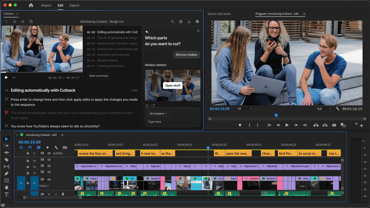 Screenshot of Premiere Assistant plugin inside Adobe Premiere Pro, displaying automated edit suggestions, retake removal, and a cleaned timeline generated by AI.