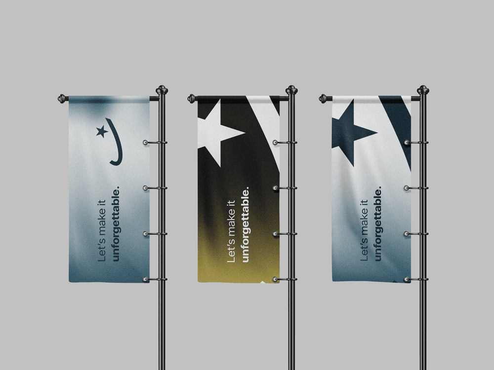 Sama Agency outdoor flag mockups with bold star-inspired branding and the tagline ‘Let’s make it unforgettable.’ Modern Saudi marketing identity design.