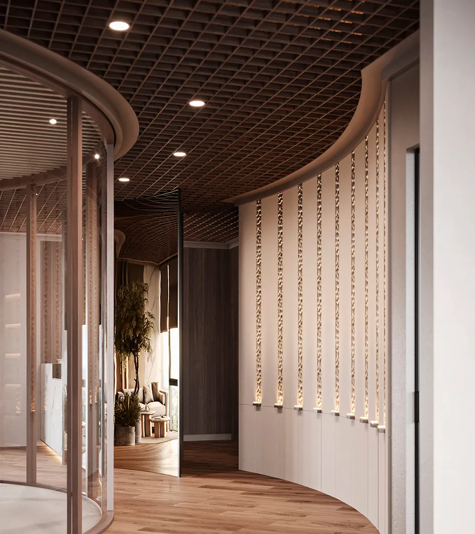 City Studio Zurich office corridor with curved walls, timber flooring, and sculptural hanging installation