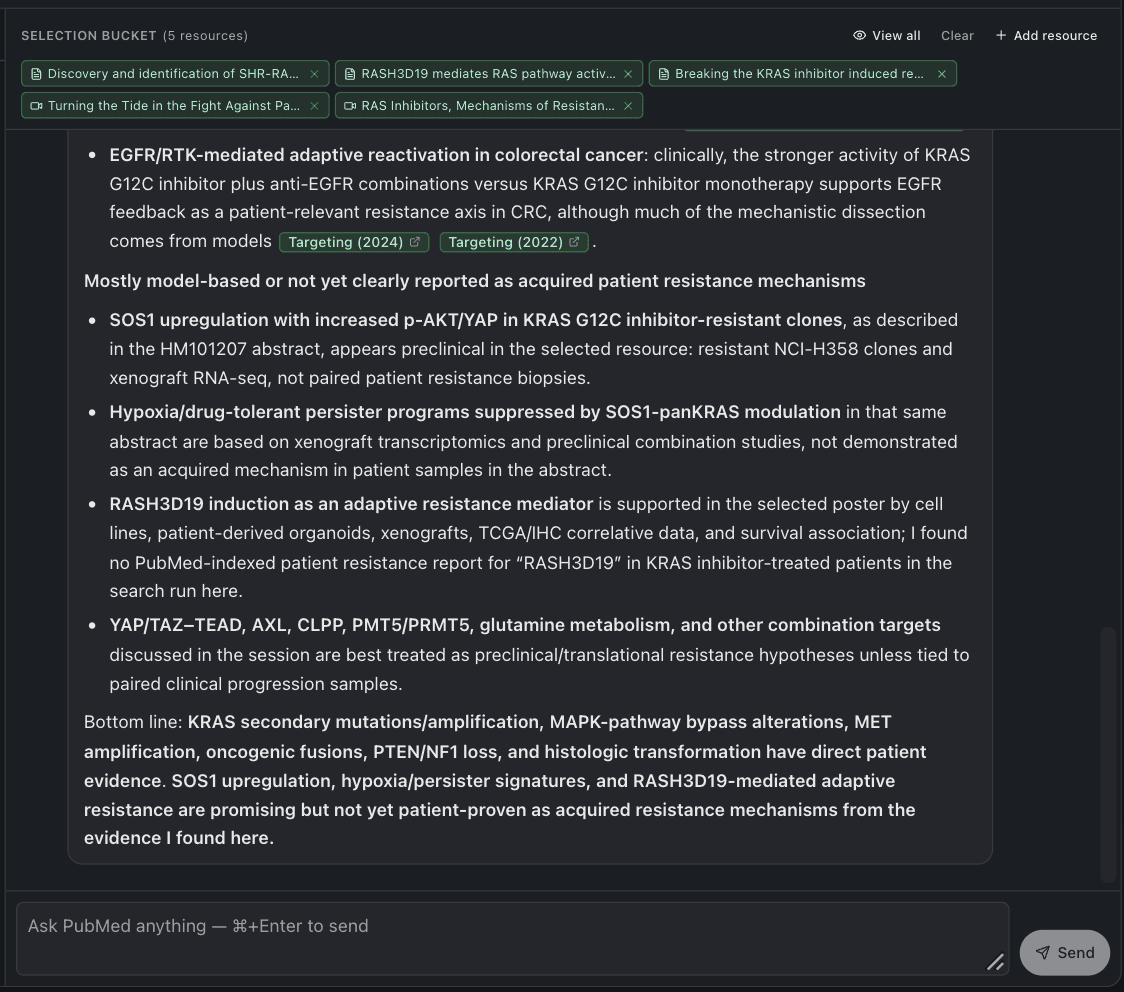 Datym PubMed Research Assistant answer on KRAS G12C inhibitor resistance, with cited sources and the selected abstracts