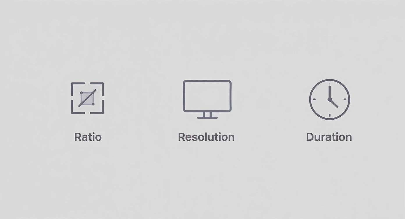 Three icons representing video settings: aspect ratio, resolution, and duration options.