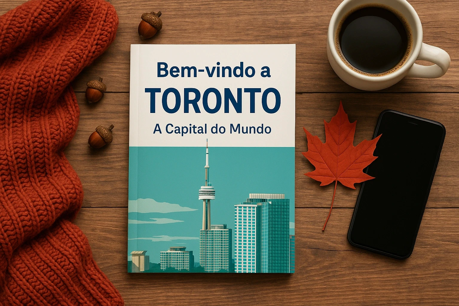 Livro com capa “Bem-vindo a Toronto – A Capital do Mundo” sobre uma mesa com café, folha de bordo e objetos de viagem.