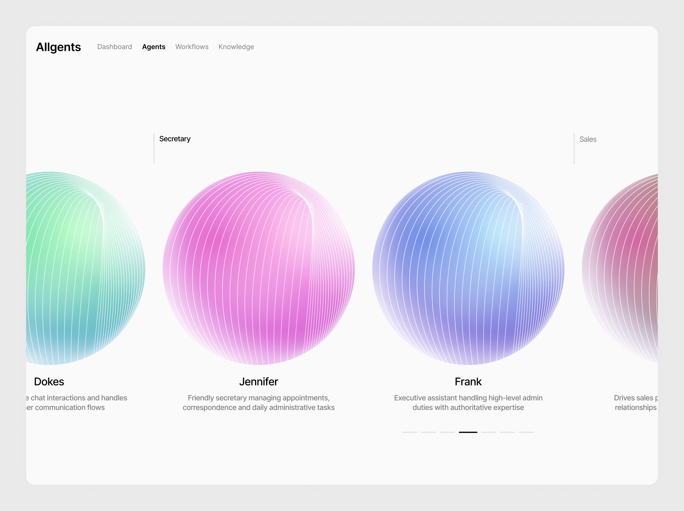 Allgents Agents page: Dokes, Jennifer, Frank. Digital assistant options.