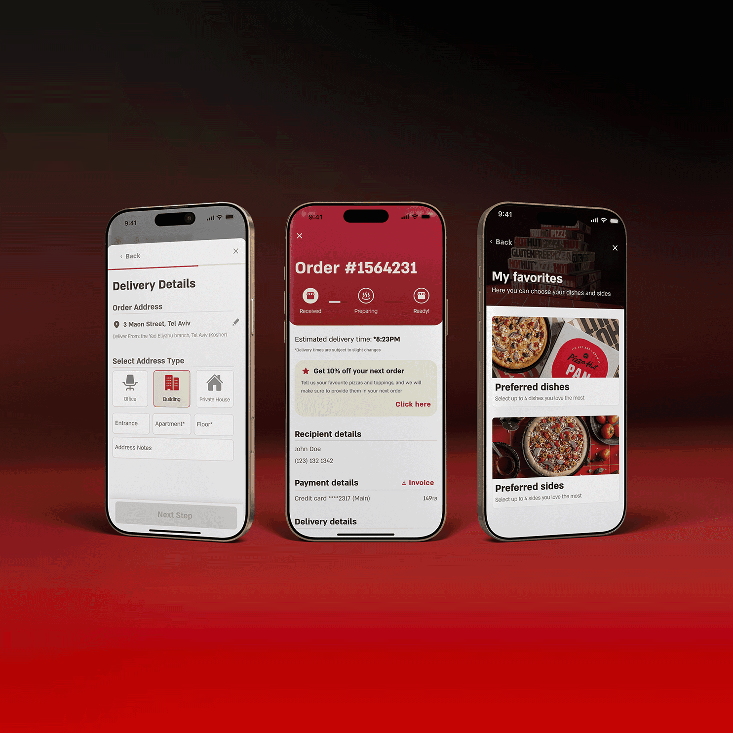 End-to-end mobile app design for the ordering flow, including delivery details, order status, and favorites, built to reduce friction and improve usability.