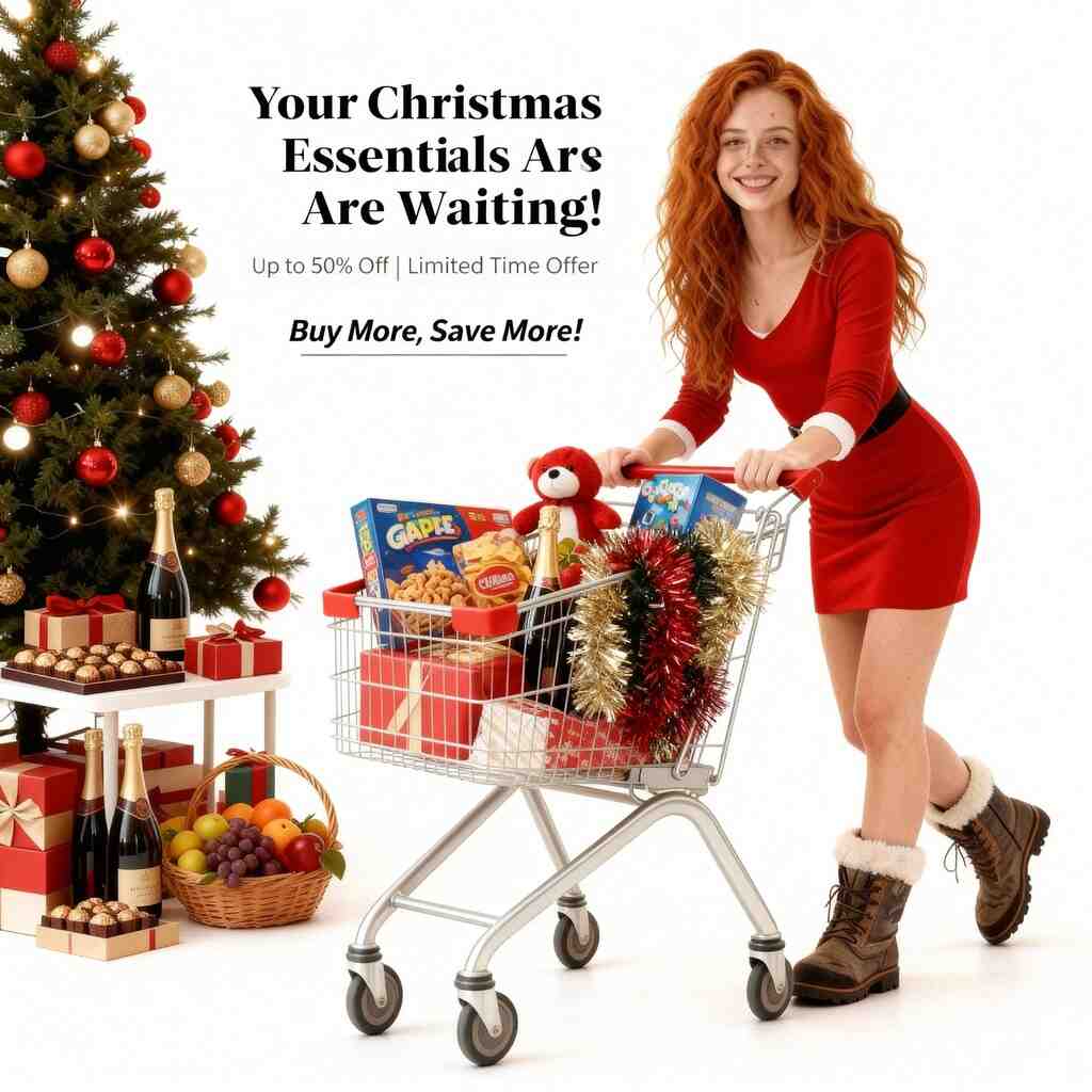 Create a supermarket Christmas promo scene using Seedream 4.0 Free.