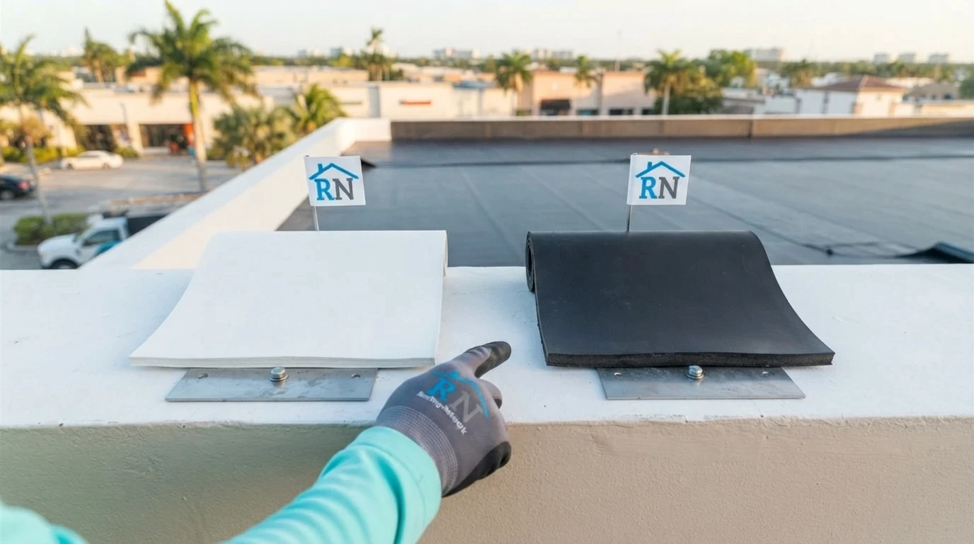 Roofing Network installing an EPDM commercial roof on a Hollywood FL retail building