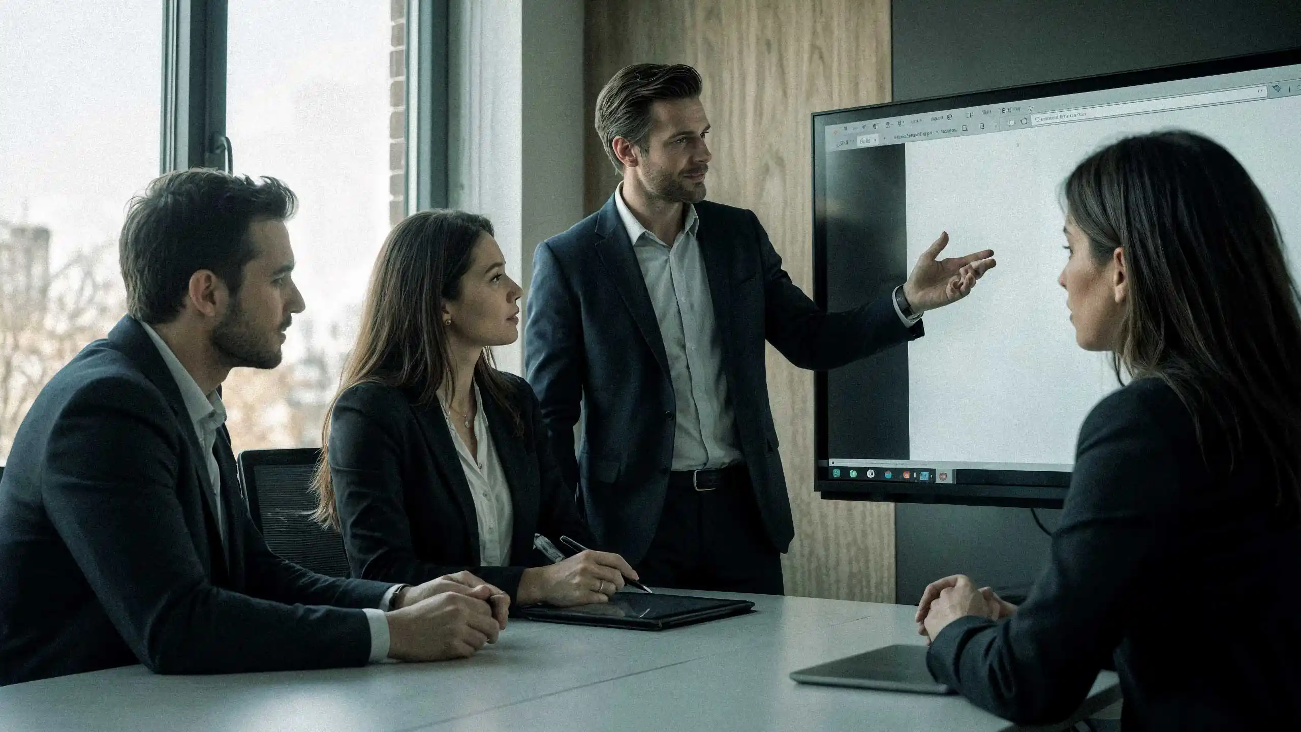 A team of professionals collaborates during a brainstorming session, with one member presenting on a screen while others observe attentively.