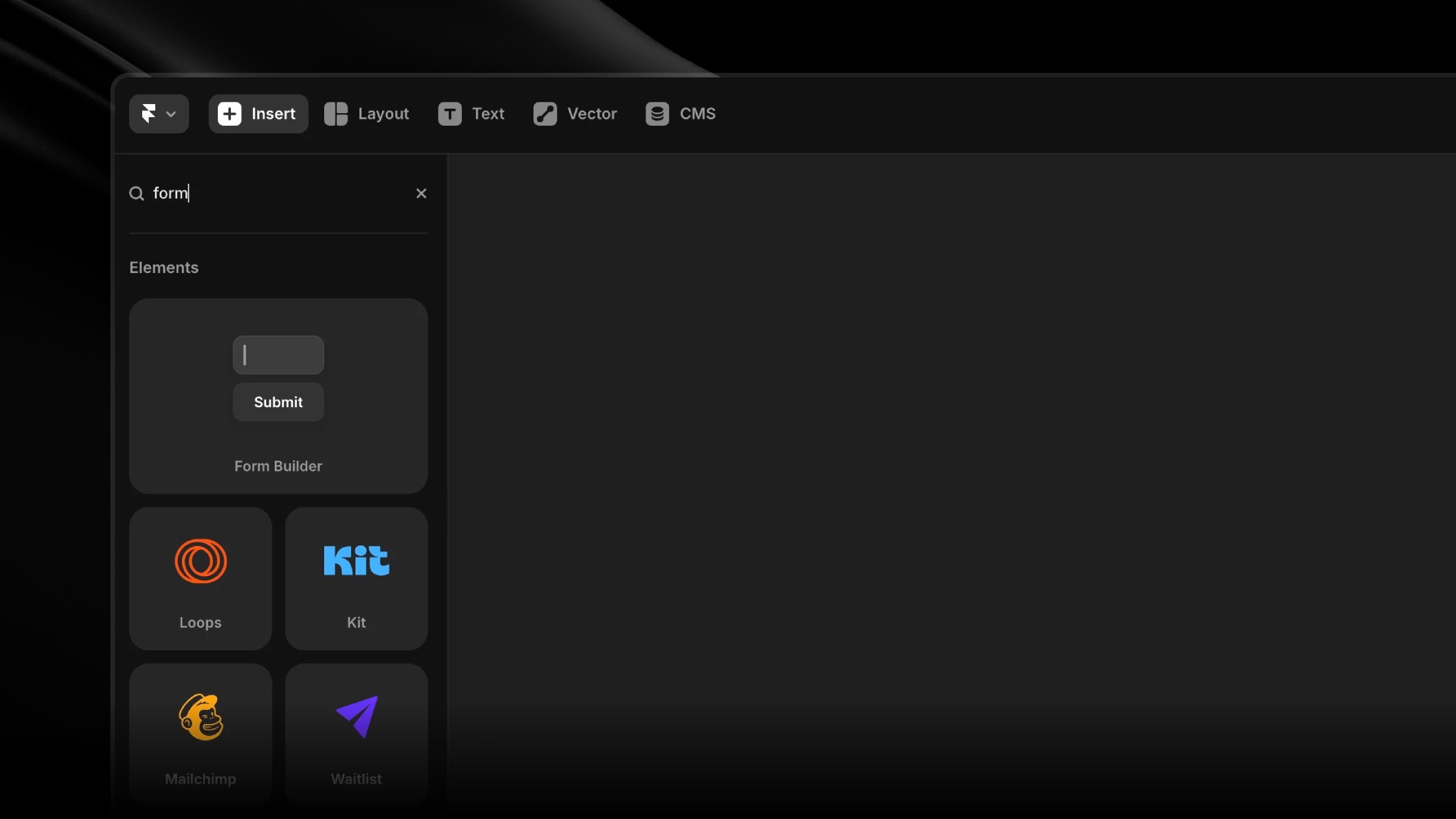 Framer interface showing built-in form integrations including Form Builder, Mailchimp, and Waitlist options for easy setup