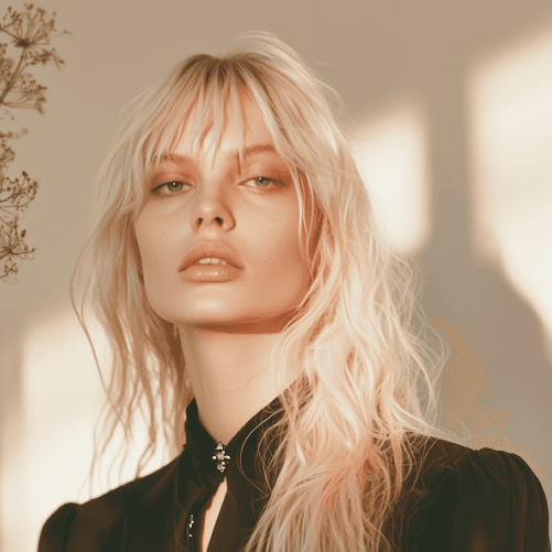 Woman with long wavy blonde hair in black top, standing in soft sunset light.
