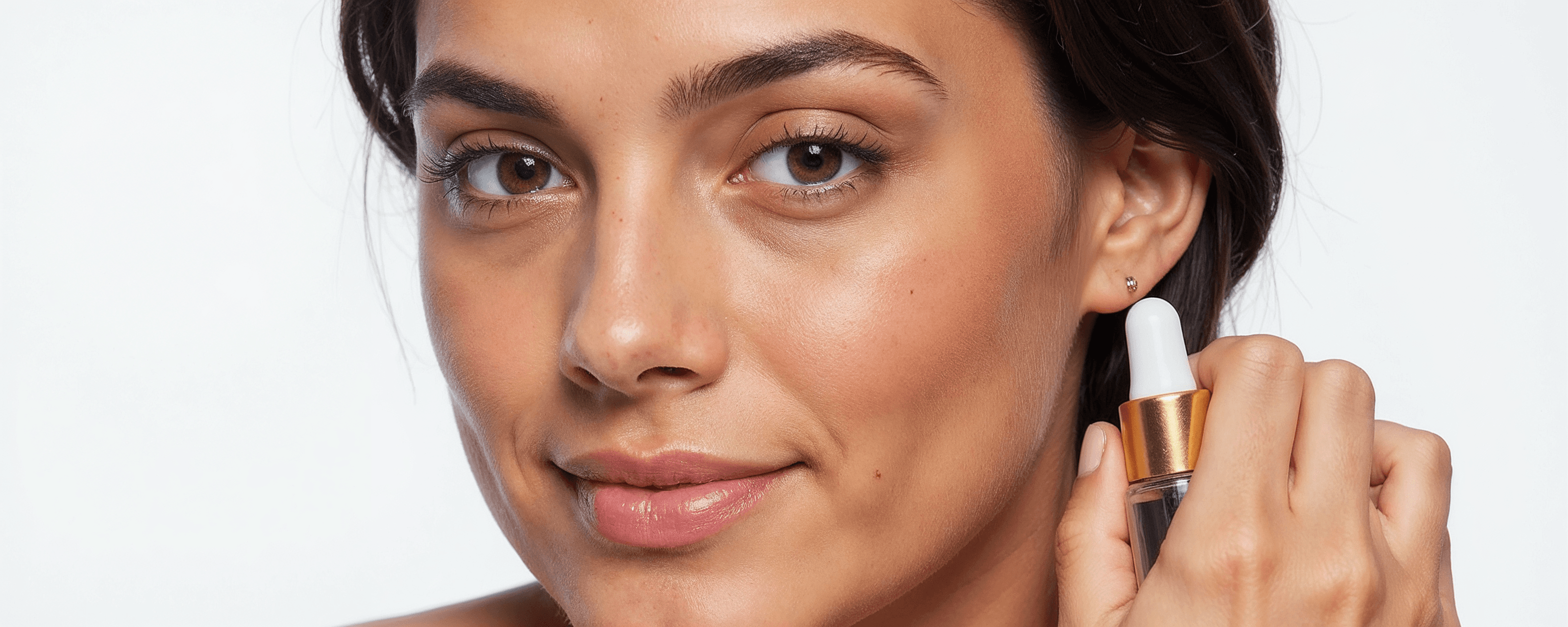 Close-up of a fashion model holding a white dropper bottle near her ear