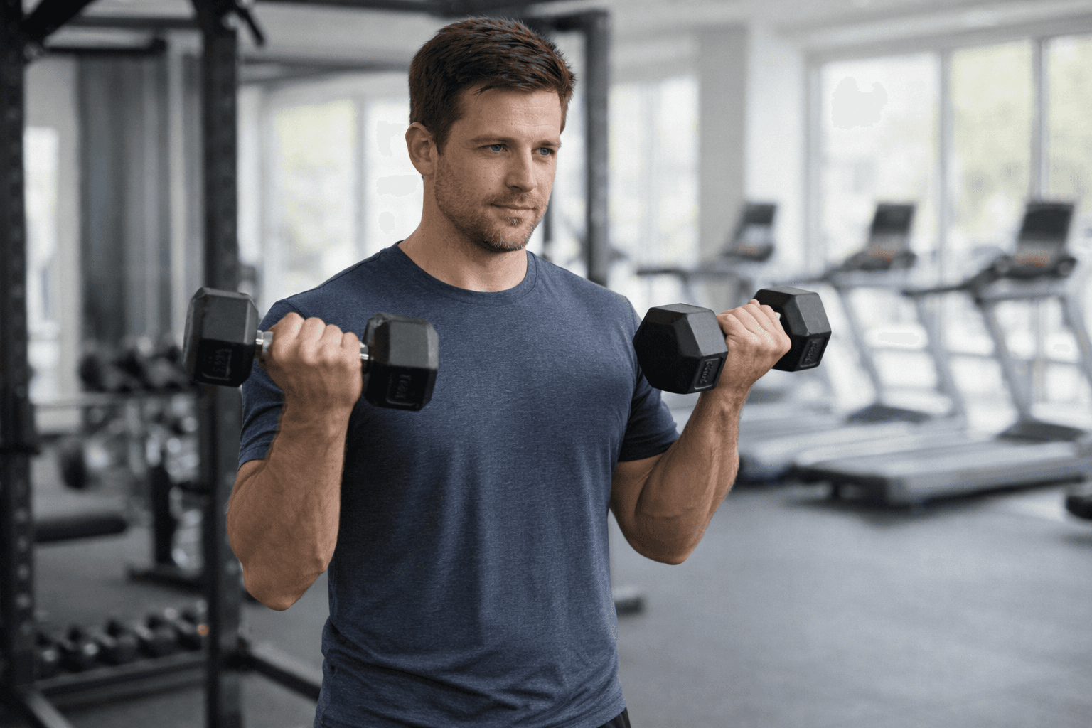 A man in a blue t-shirt performing standing dumbbell bicep curls in a bright, modern gym.