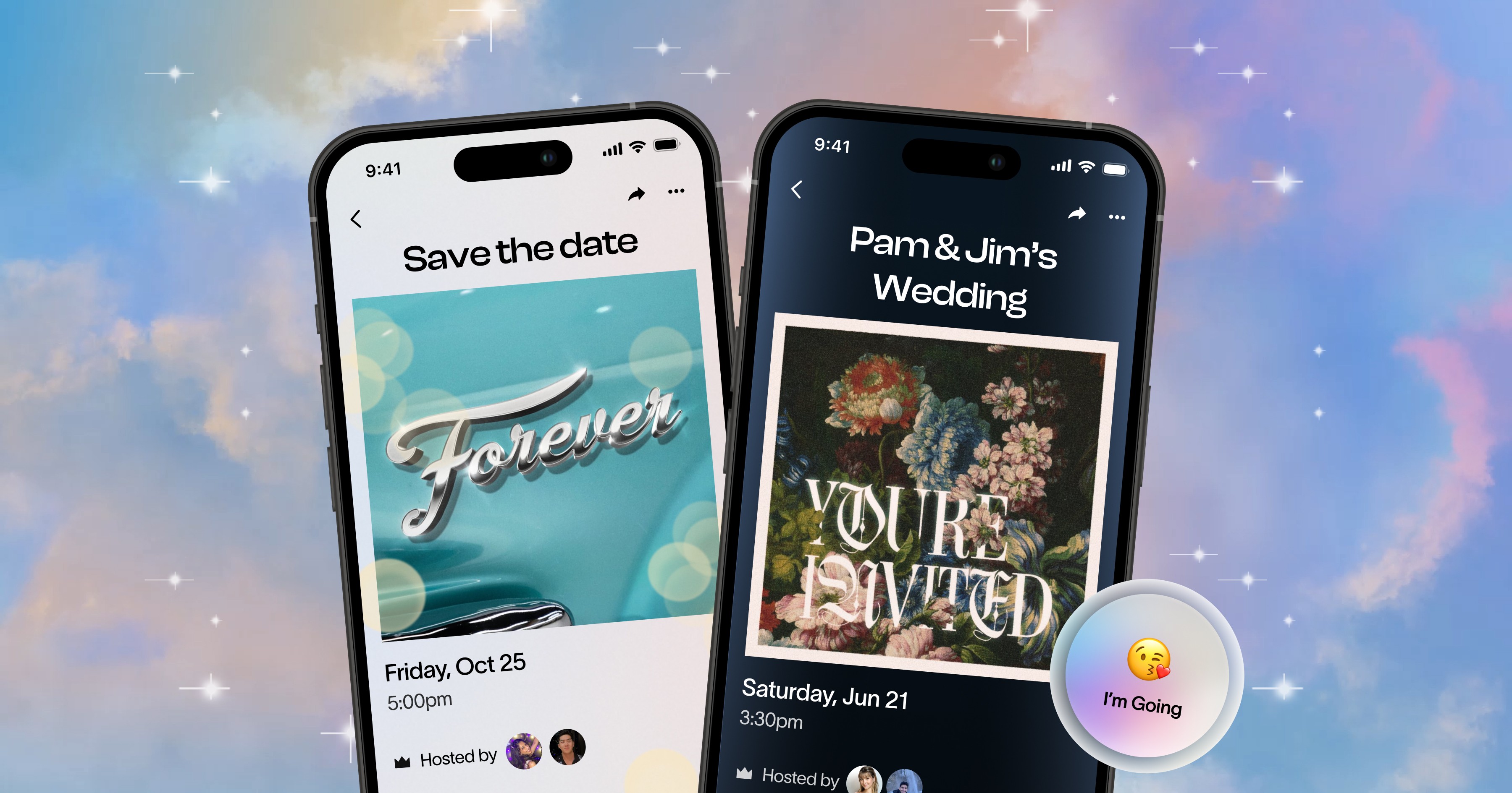 Mobile screen showing a vibrant 'Girls Night' party invite with neon text and playful Valentine's vibes for a karaoke pregame event and another with a Galentine’s party invite with a retro design and image of a girl holding chocolates, perfect for game night fun.