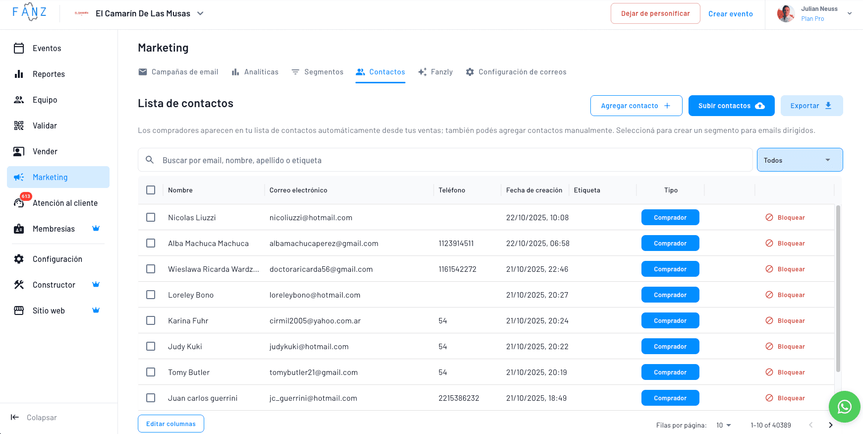 captura del panel de fanz para gestionar la base de datos
