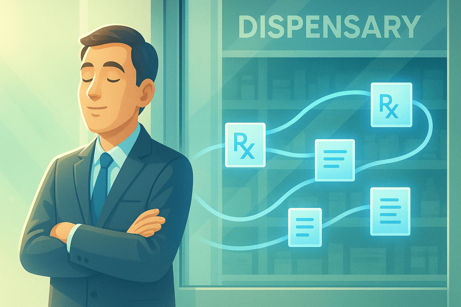 A pharmacist stands outside a dispensary with arms crossed, eyes closed, and a calm expression. Behind the glass, glowing digital prescription data flows smoothly in light blue lines. Natural sunlight and green-blue tones create a warm, peaceful atmosphere symbolising clarity and breathing space.