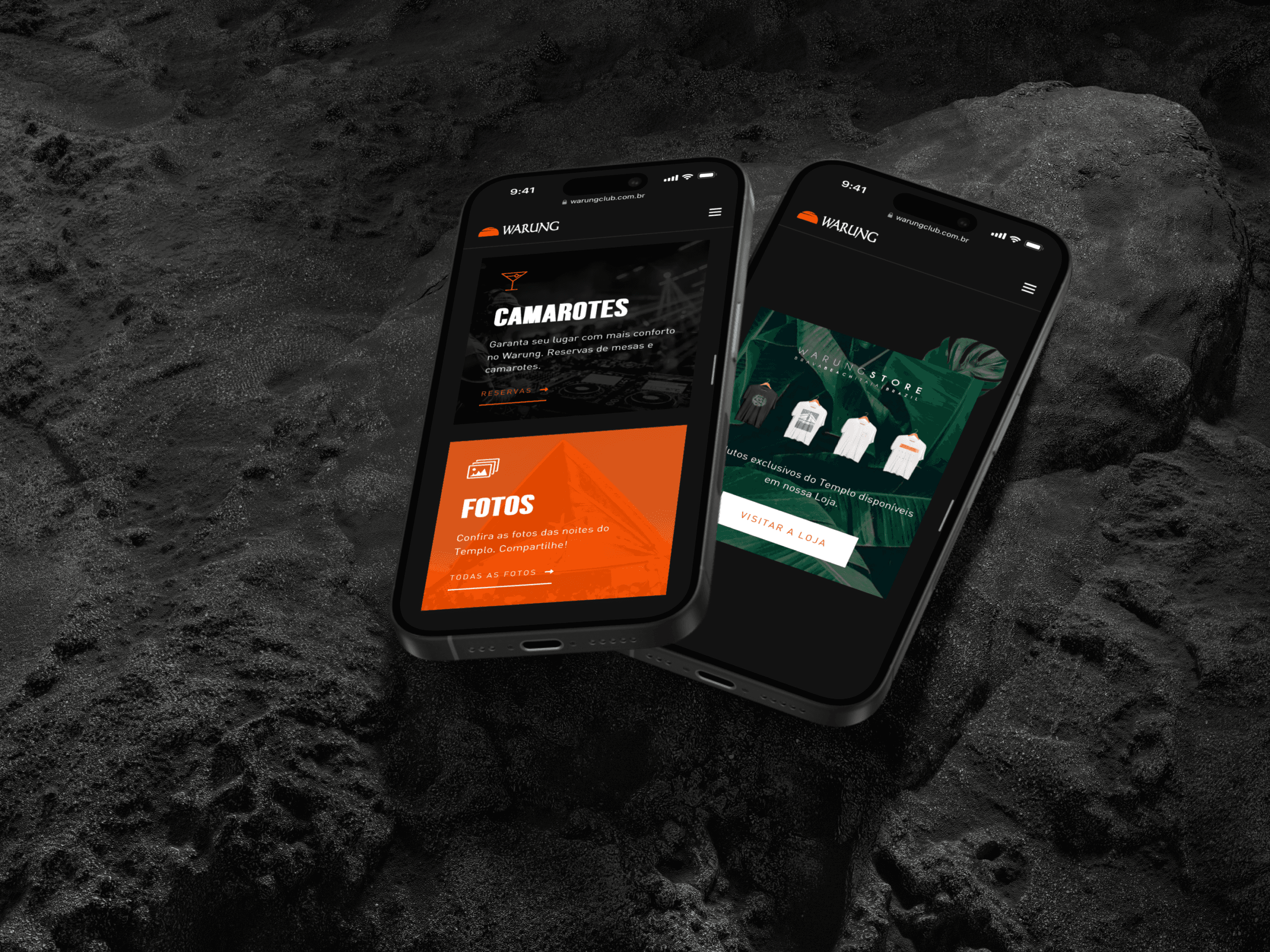 Mockup mobile de páginas do site Warung Beach Club.