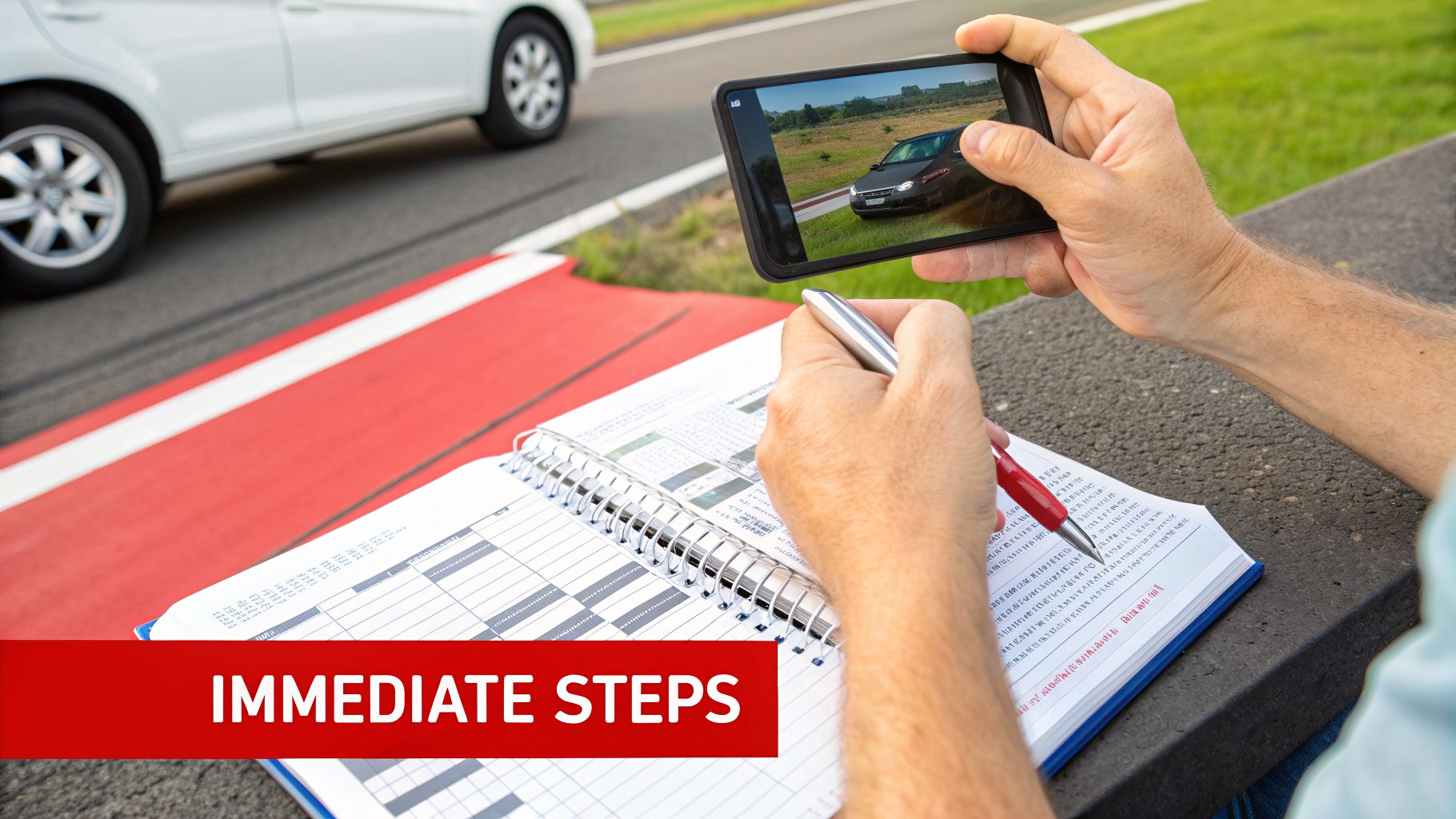 Person documenting a car incident with smartphone photos and written notes in a binder on a road.