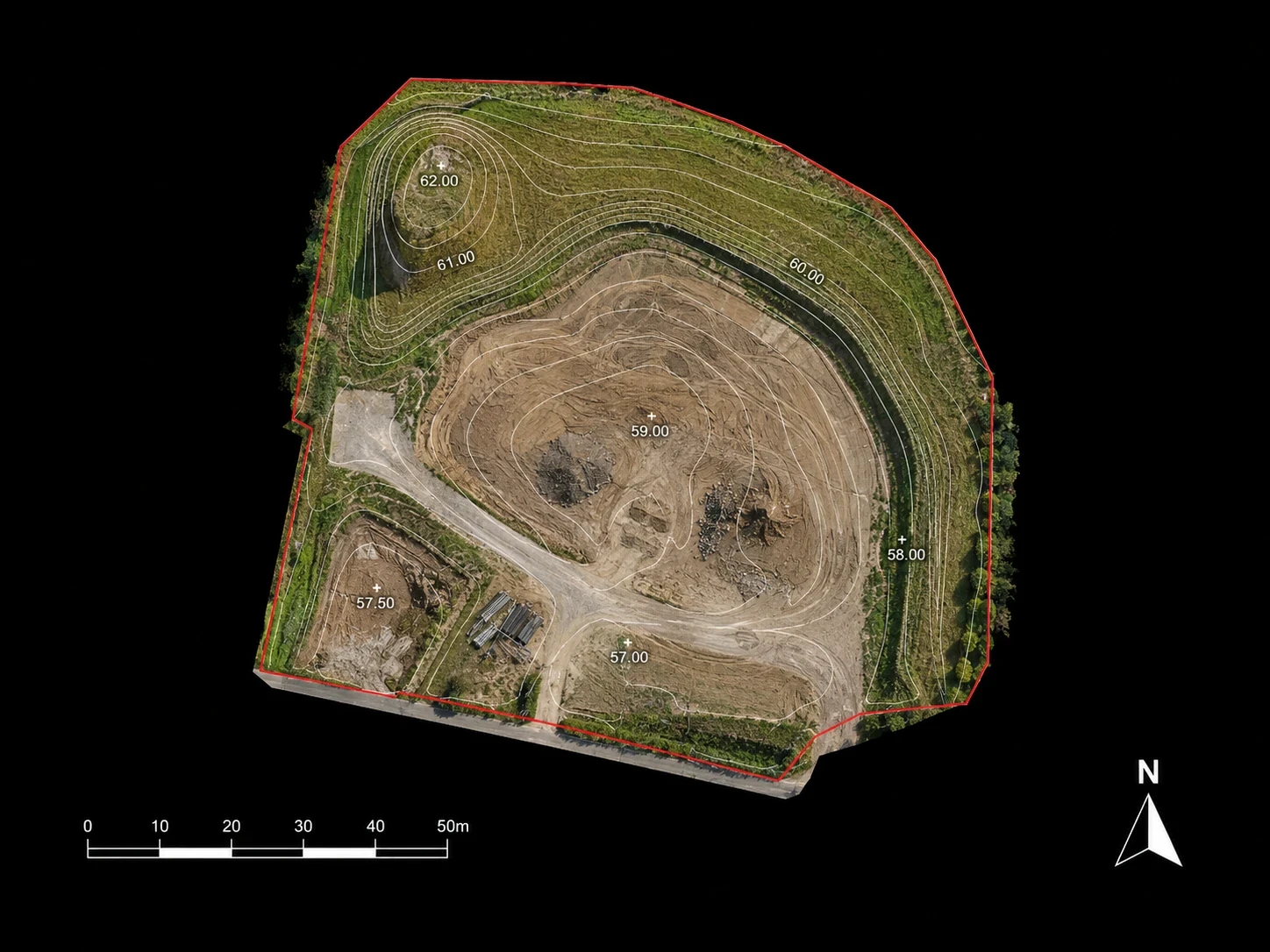 Digital terrain elevation visualisation showing contours of a construction site