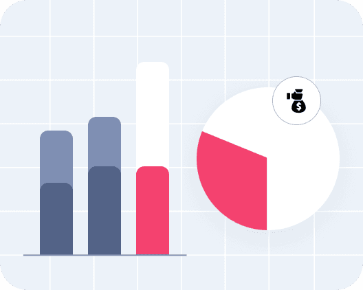 A bar graph and pie chart displayed on a grid background illustrate financial data comparison, emphasizing contrasting shades of blue and pink, with a money bag icon symbolizing monetary analysis.