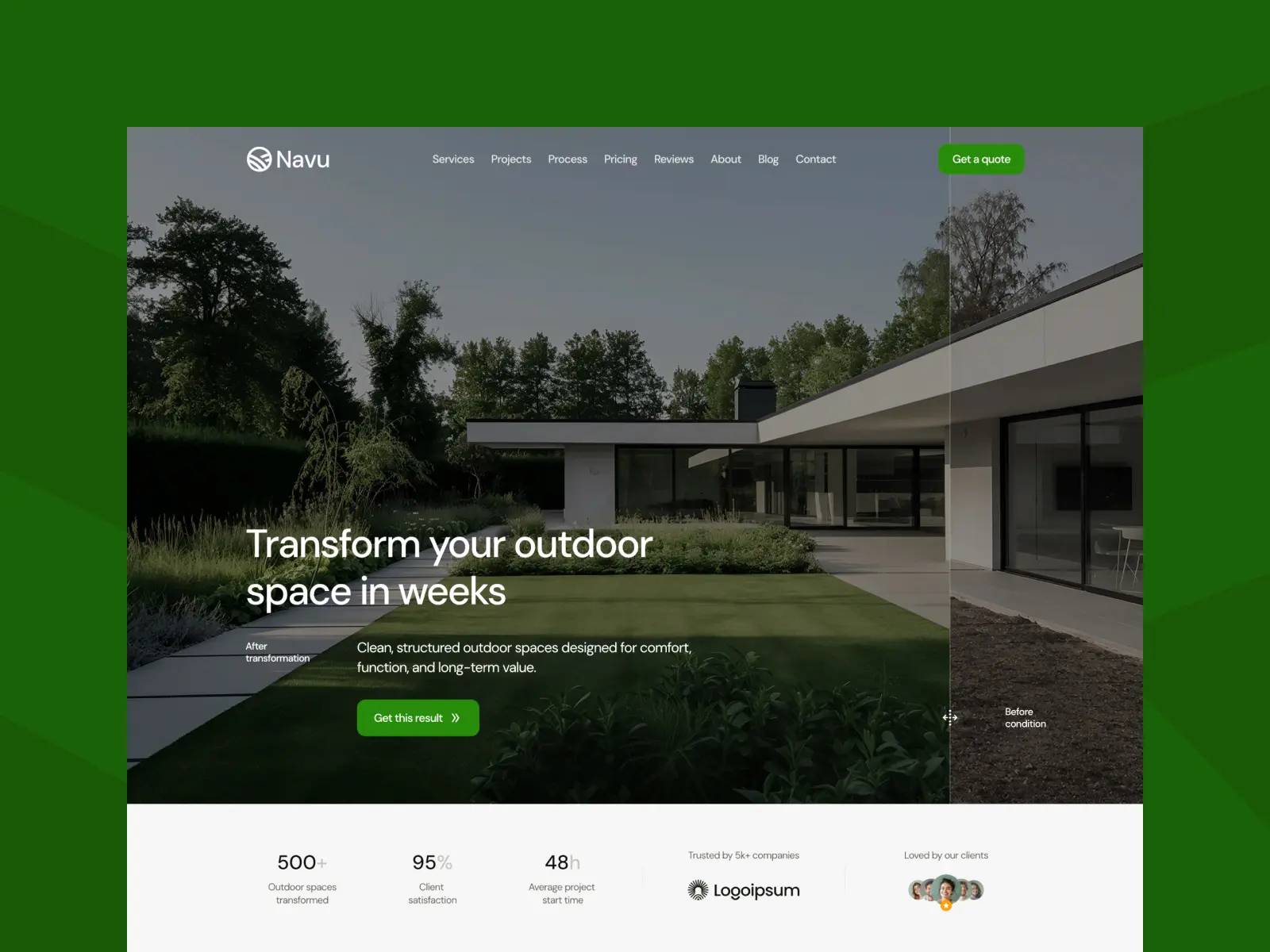 Featured preview of Navu, a landscaping Framer template showcasing a modern landscaping company homepage with a before-and-after outdoor transformation hero section.