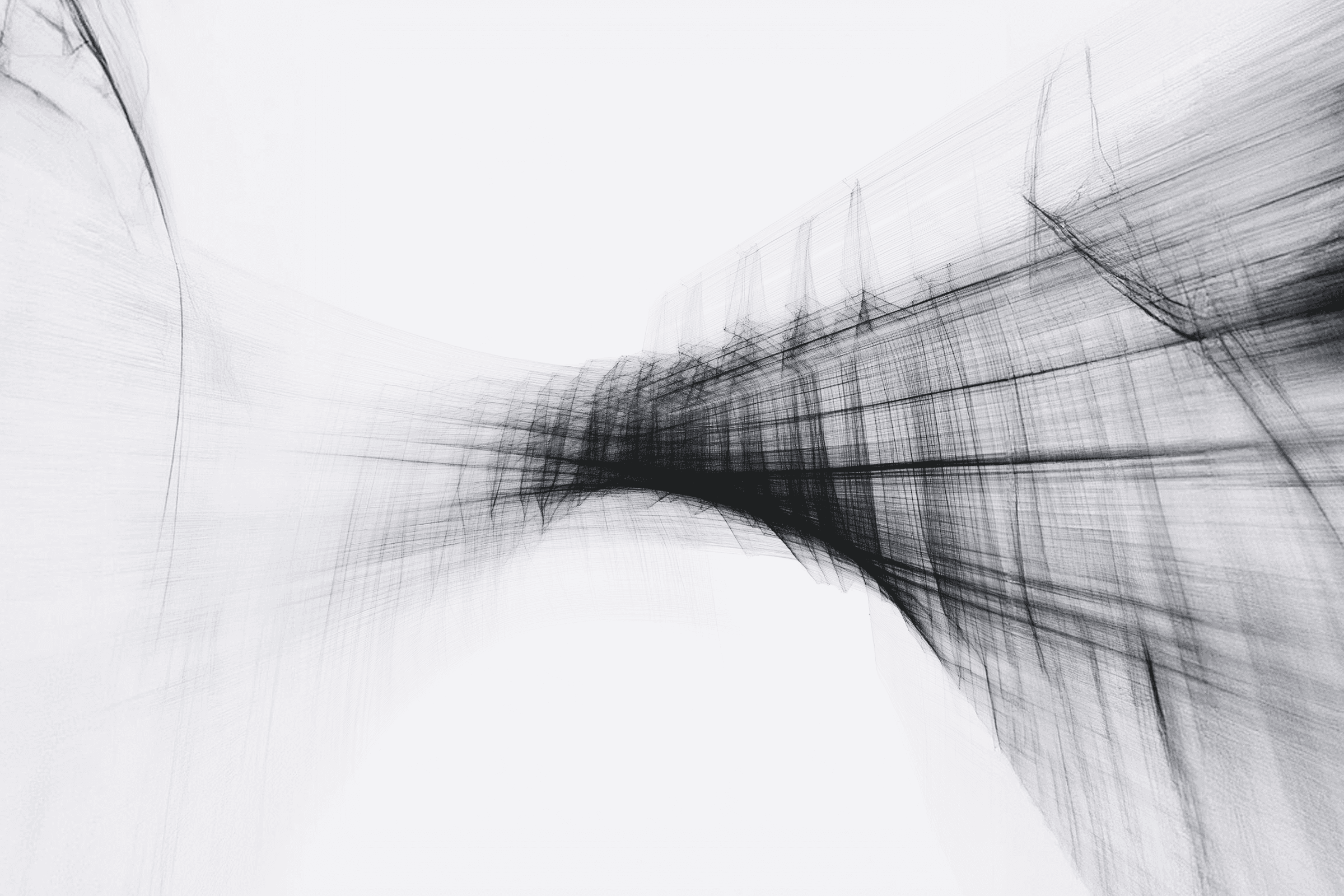 Abstract black intersecting lines form a dynamic, curved structure on a light background, creating a modern and minimalistic visual.