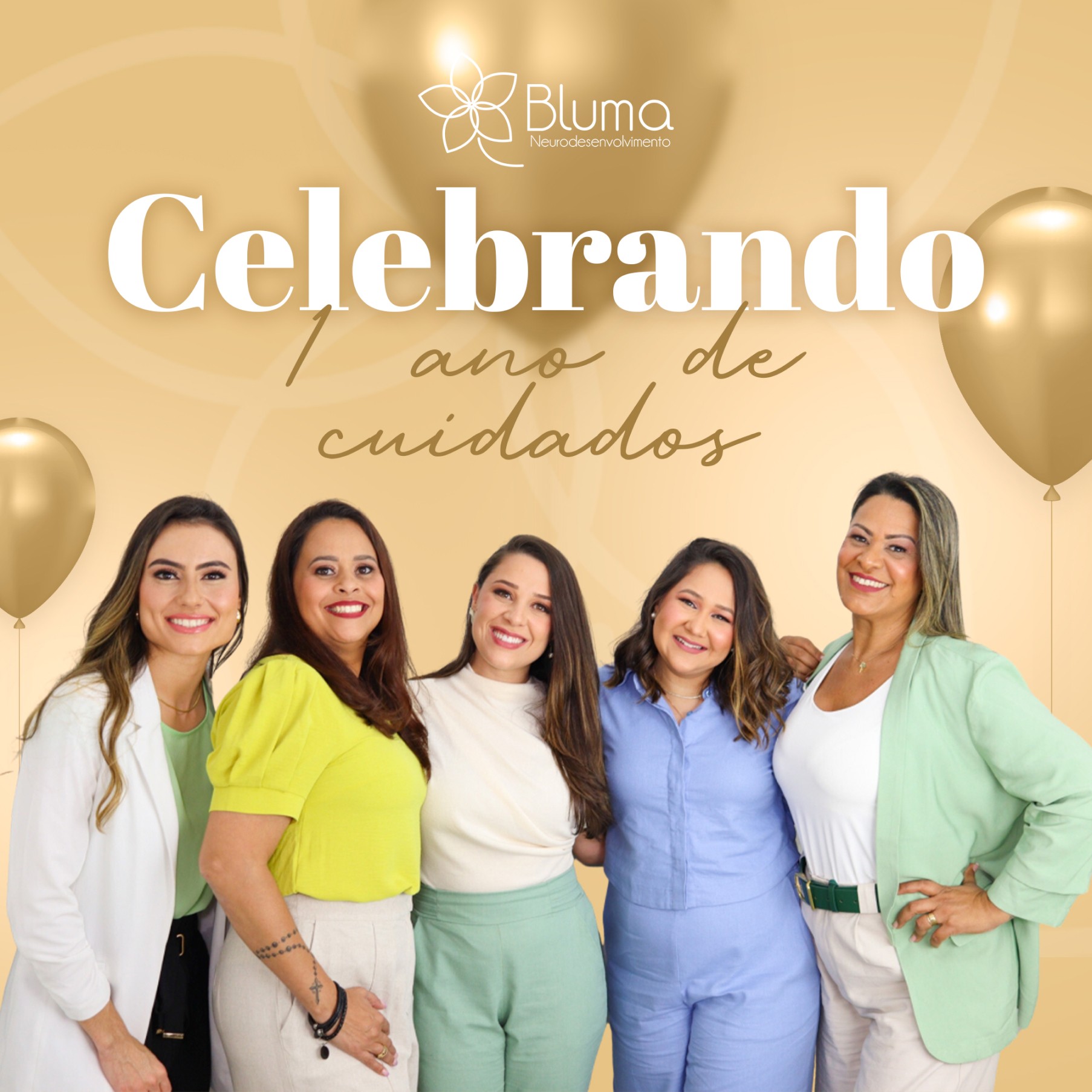 Equipe da Clínica Bluma Neurodesenvolvimento comemorando anos de cuidado e dedicação ao desenvolvimento infantil. Oferecemos serviços como psicologia infantil, neuropsicopedagogia, fonoaudiologia, terapia ocupacional e outros, com uma abordagem integrada e humanizada, focada nas necessidades de crianças e suas famílias.