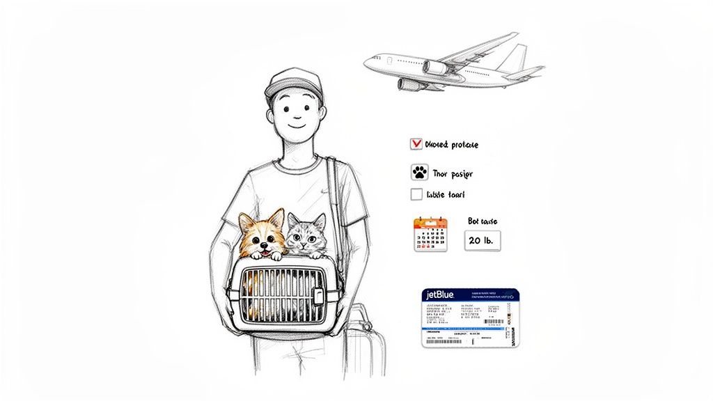 A smiling person carries a pet carrier with a corgi dog and a cat, illustrating pet travel with JetBlue.