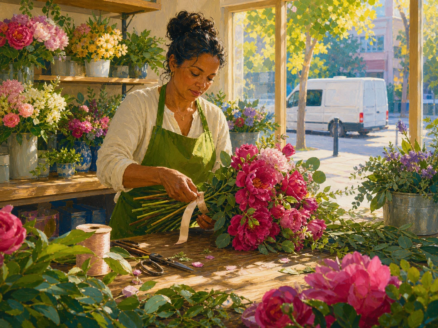 A florist completes a time-sensitive wedding bouquet while lower-stakes arrangements wait.