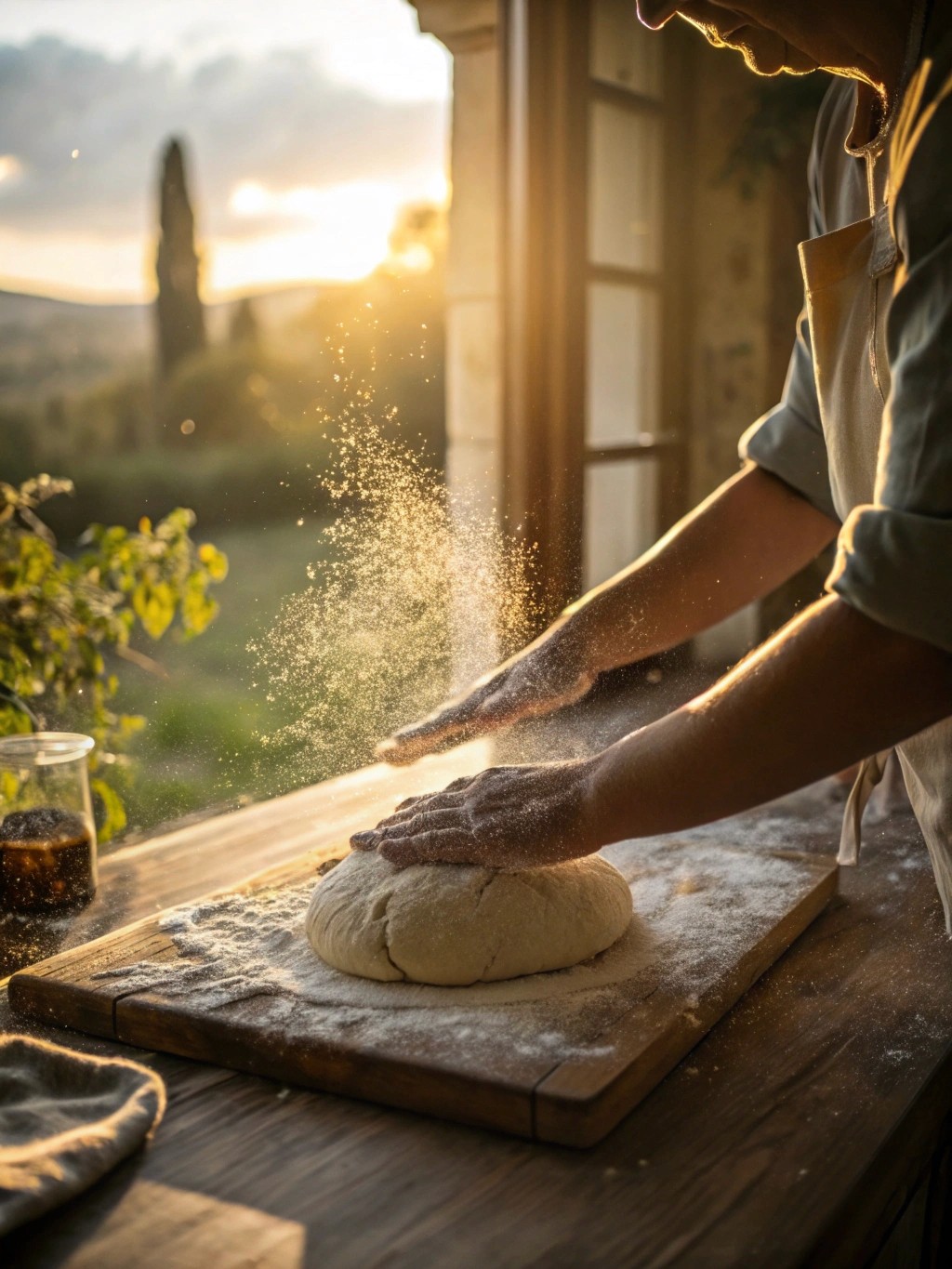 Baking at sunset. Hands press dough on floured board, dust rising. Golden light streams through window.