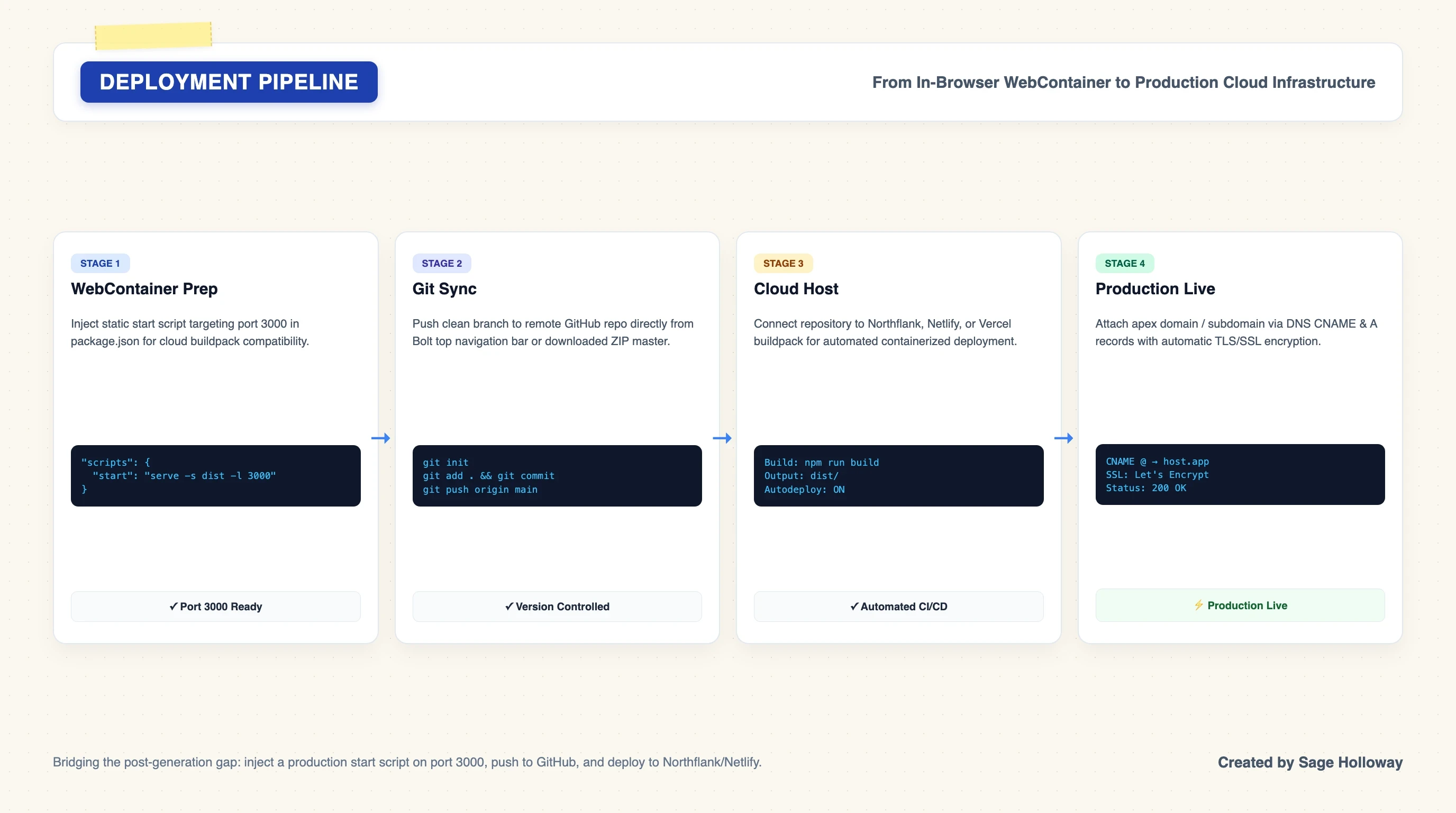 Scrapbook diagram illustrating the complete deployment pipeline from Bolt WebContainer to GitHub and Northflank hosting
