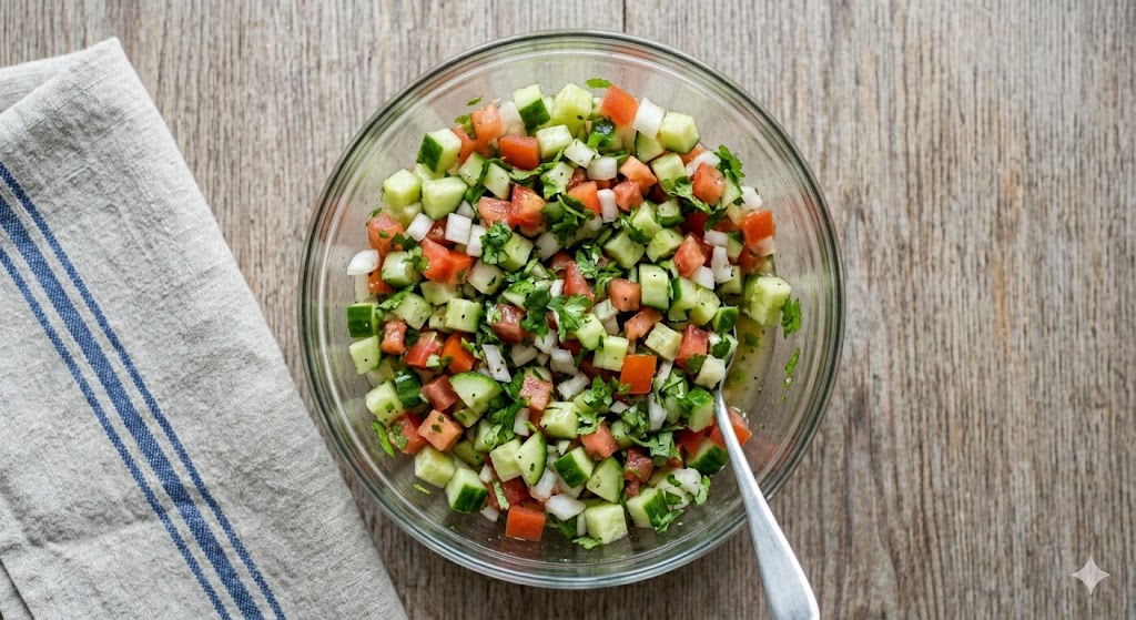 A top-down photograph of a glass bowl filled with fresh, finely diced kachumber salad, a mix of cucumbers, tomatoes, and onions garnished with cilantro, placed on a rustic wooden table next to a striped linen napkin.