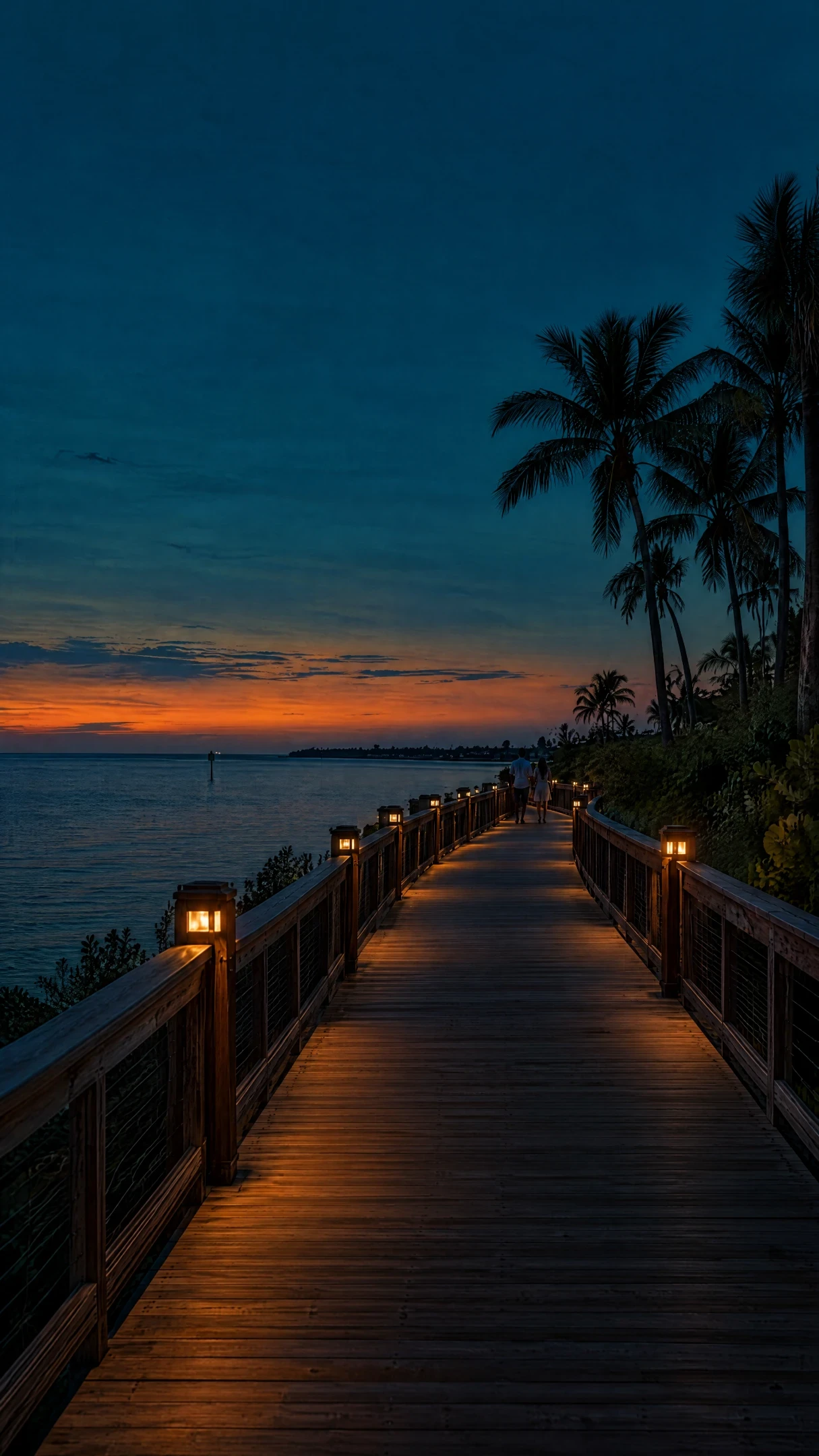 Boardwalk along the water at sunset