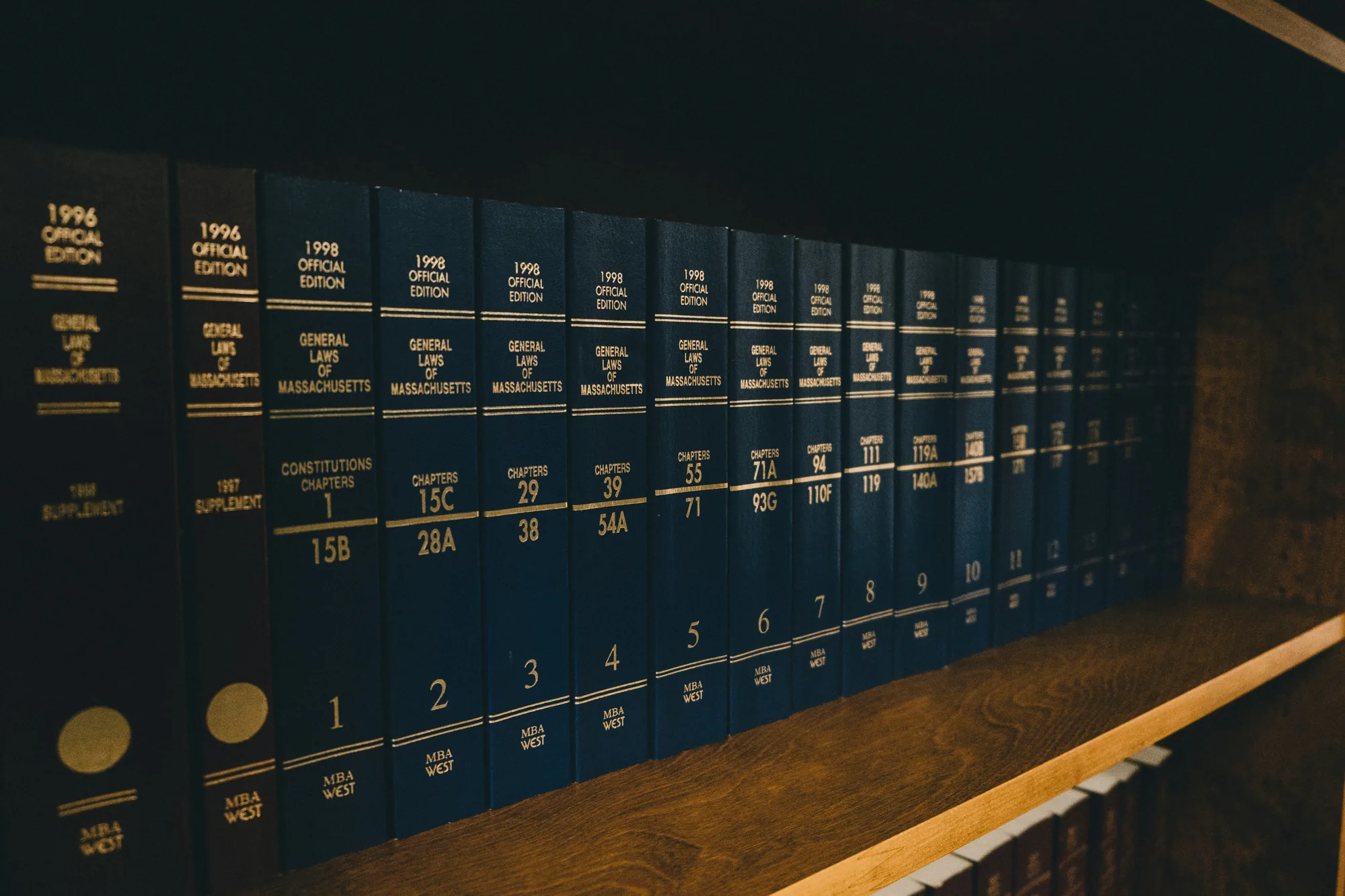 Shelf of bound legal volumes in a law library