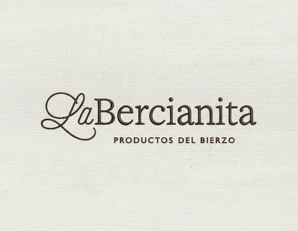 Logotipo de La Bercianita sobre textura de tela natural, identidad de productos gourmet del Bierzo