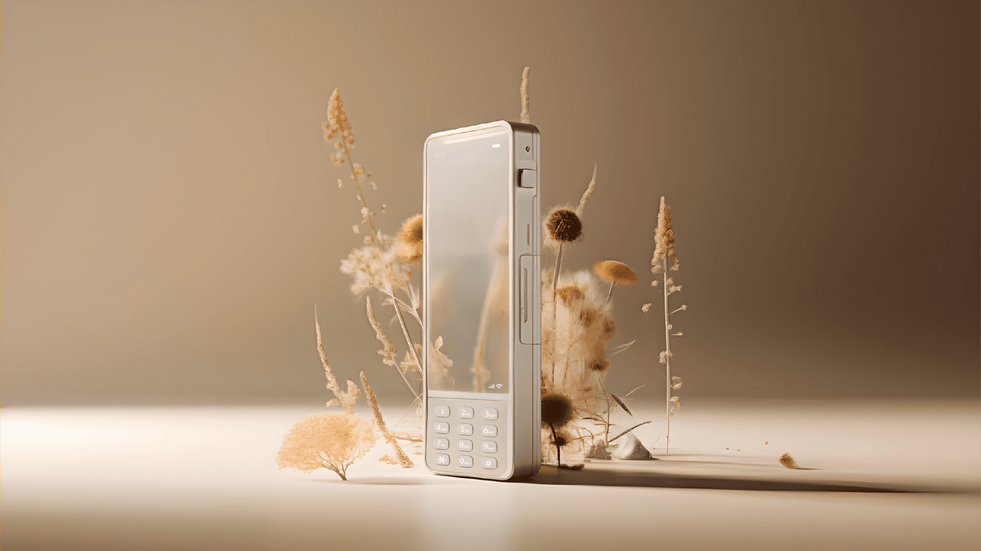 Un téléphone vintage, encadré par des plantes et des herbes séchées, dans un décor doux et naturel. L’éclairage tamisé met en valeur les formes épurées du téléphone tout en faisant ressortir les éléments végétaux, créant un contraste subtil mais moderne.
