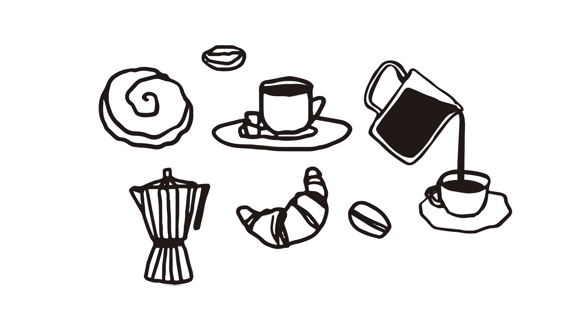 Illustrated elements of a cozy breakfast include a coffee pot pouring into a cup, a croissant, a cinnamon roll, sugar cubes, and macarons, all on a white background.